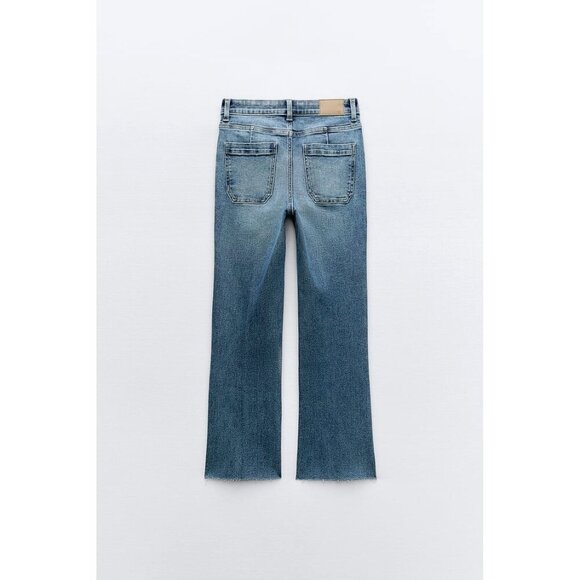 NWT Zara medium blue wash high rise flare leg ankle stretch denim jeans, 12 - Picture 9 of 14